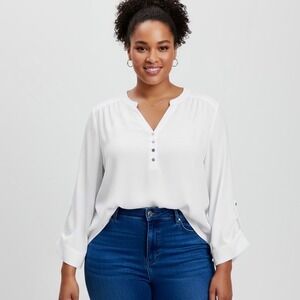 Ashley Stewart Blouse Shirt Women Plus‎ 24W White Split Neck Roll Tab Sleeves